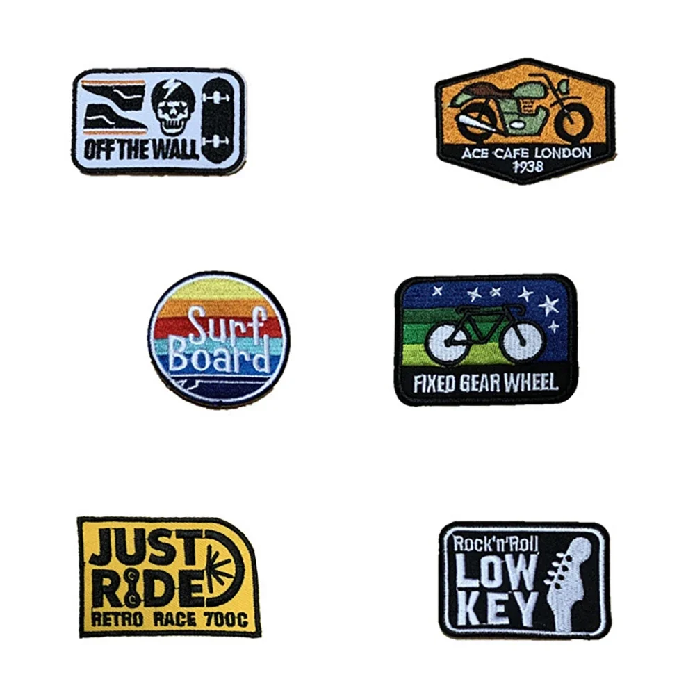 Patch per ricamo Skateboard cartone animato bicicletta moto ferro su toppe accessori per abbigliamento fai da te adesivi in tessuto Punk distintivi