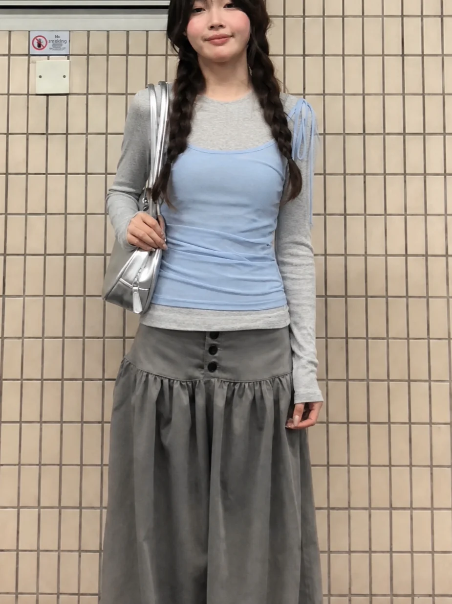 Korean Style Grey round Neck Long Sleeve Women's T-shirt Early Autumn 2026 New Color Block Slimming Base Layer Top Set