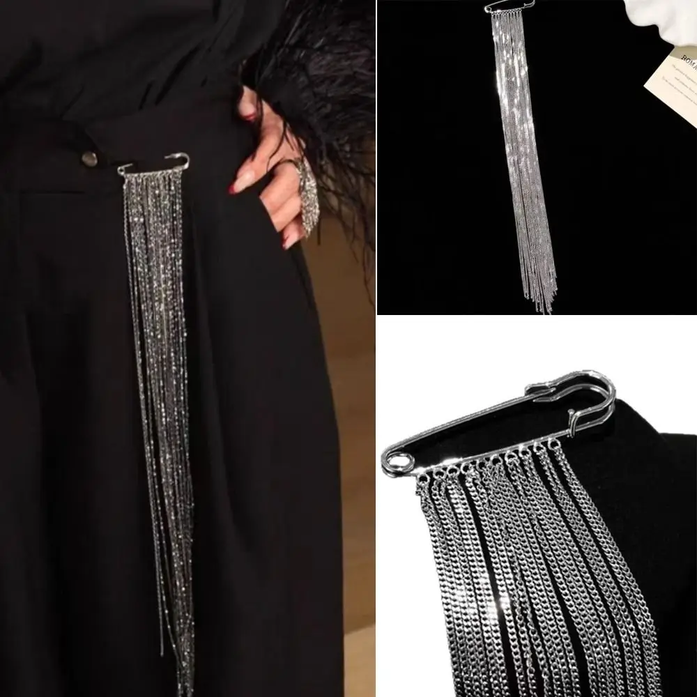 New Alloy Tassel Chain Brooch Jewelry Accessories Silver Color Clothing Tie Pin Exaggerated Long Tassel Chain Ornament Men
