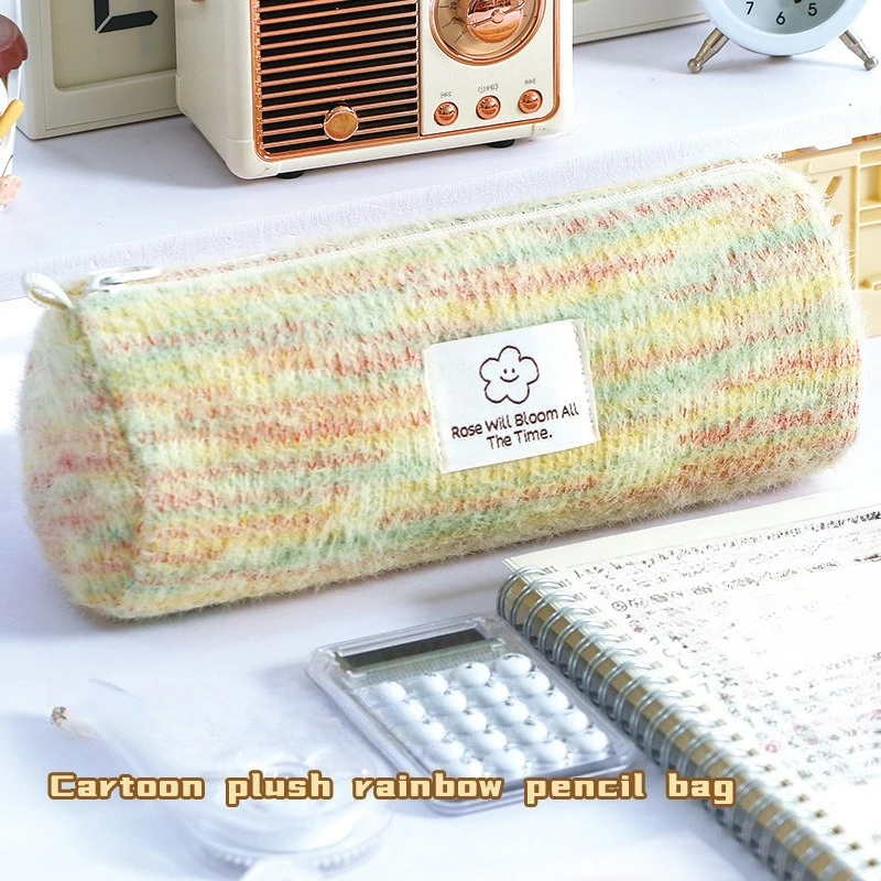 Stationery Bag Simple Plush Colorful Cylindrical Pen Case High Appearance Quality Large Capacity Portable Stationery Box