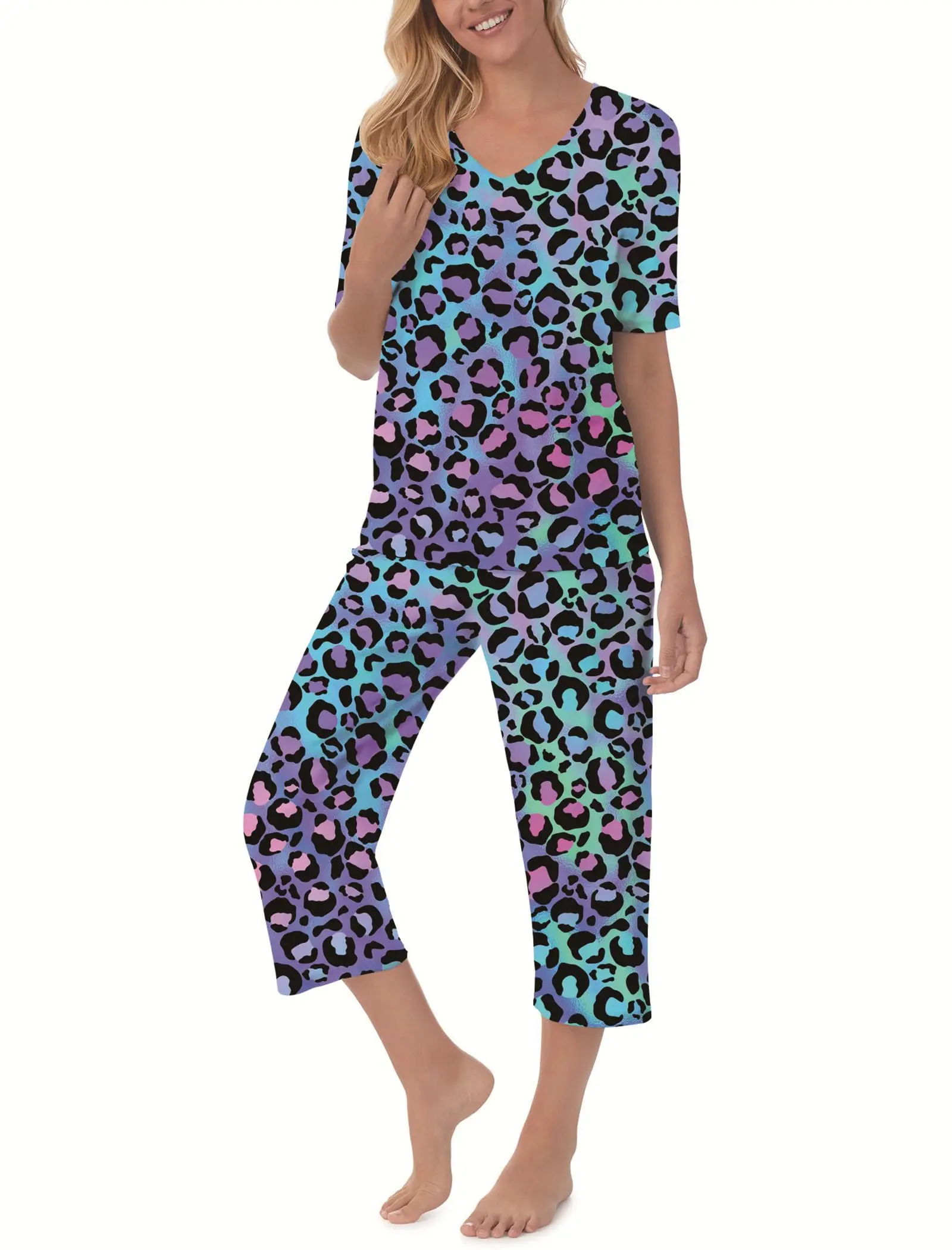 

QCIV Womens Pajama Sets V-Neck Short Sleeve Top and Capri Pants with Pockets Sleepwear Set Two Piece PJS