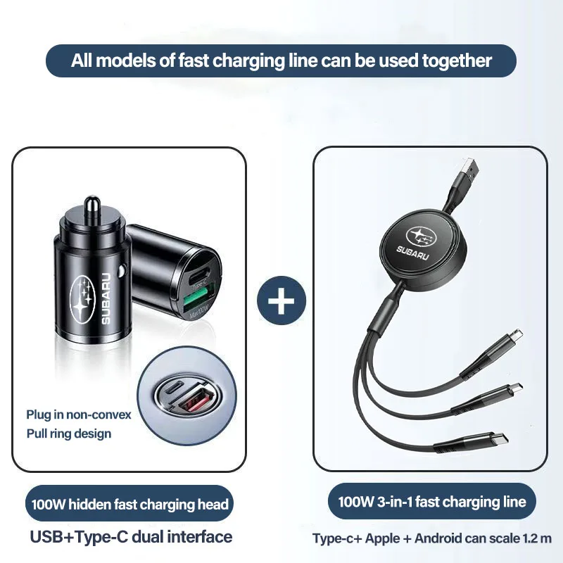 رأس شاحن سيارة 3 في 1 كابل بيانات شحن USB Type-C ملحقات السيارات لسوبارو STI XV فورستر BRZ Outback Legacy Levorg 2006