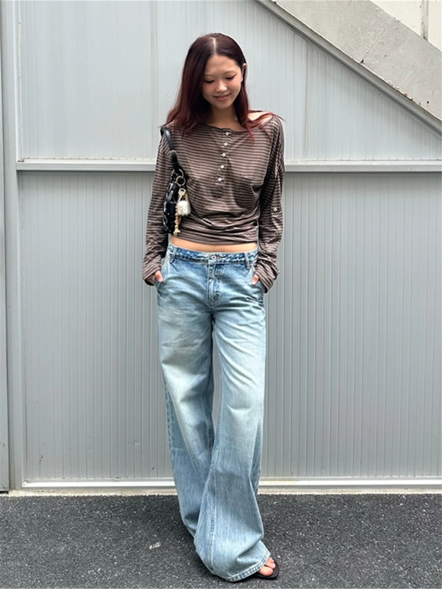 

Retro American Light Blue Wide Leg Jeans Women's Loose Drapey Tall Extended Straight Floor-Length Pants Casual Cotton Jeans