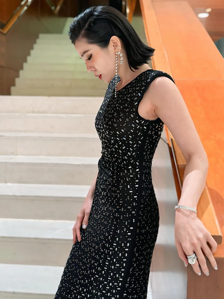 PB Glamoroso vestido largo de sirena sin mangas con lentejuelas negras y detalle recortado Galas formales Vestido de noche de fiesta para eventos especiales