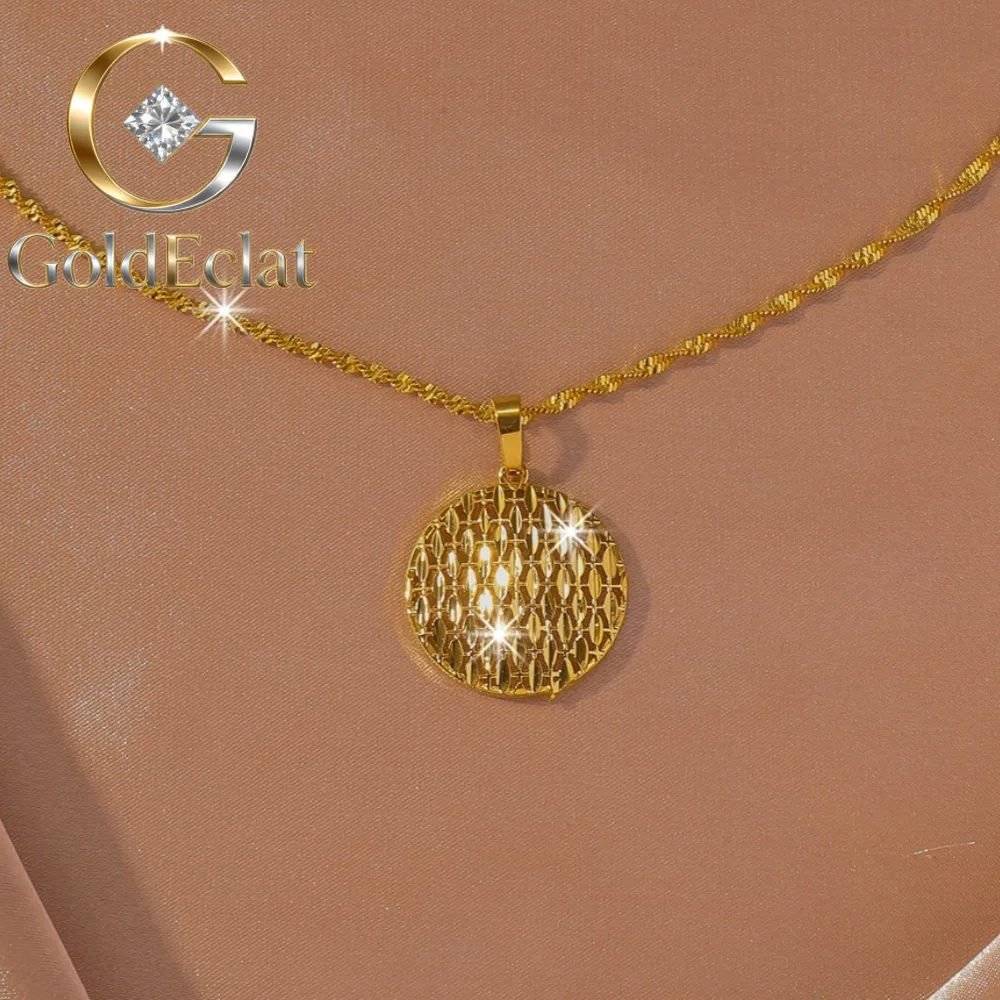 

GoldEclat High-end Design Versatile Women's 9999 24K Real Gold Geometric Round Pendant Necklace Hollow Pendant