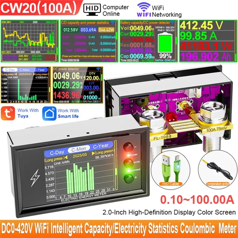 ABAC-Tuya Wi-Fi 420 В умный цифровой тестер обнаружения емкости литиевой батареи постоянного тока напряжение ток дисплей мощности кулон метр