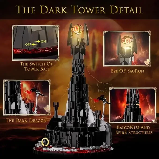 MOC Lorded Ring Glowing Castle Architecture Dark Tower Baustein-Set mit Beleuchtungsauge, Geschenke für Spielfans (969 Stück)