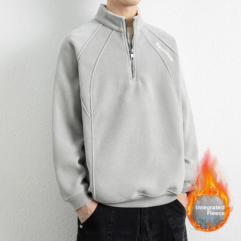 

Мужская повседневная теплая осенняя толстовка на молнии с воротником-стойкой и флисовой подкладкой, свободного кроя, модная, городская