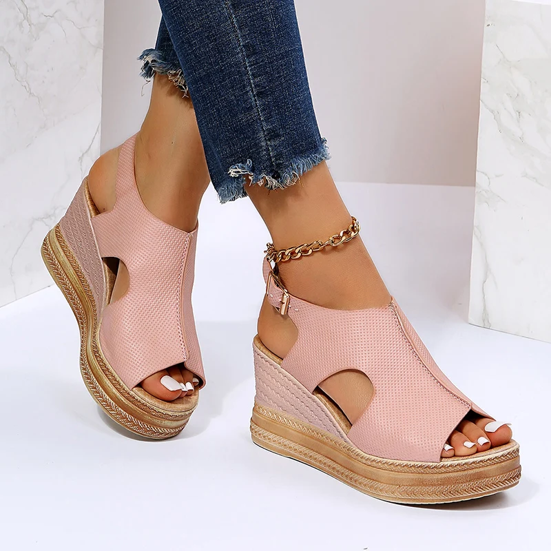 Summer Plus Size Wedge High Heels Sandals Women 2024 Peep Toe Platfrom Sandals Woman Buckle Strap Non Slip Beach Sandles Mujer