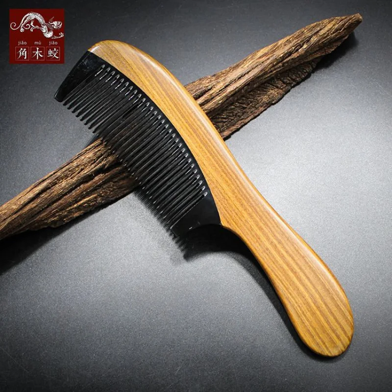 Large green sandalwood and buffalo horn comb with handle for massage and hair styling