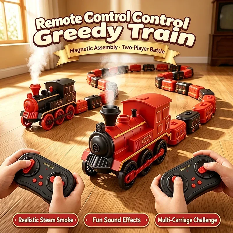 Children RC Magnetic Growing Greedy Steam Train Electric Spray Interactive Battle Game Remote Control Toy Kids Hungry Eating Car