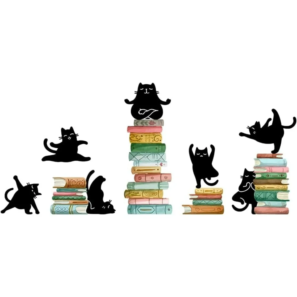 Reading Theme Wall Decal Yoga Cat Wall Sticker Black Cats on The Books Peel and Stick Art Decoration for Classroom Kid's