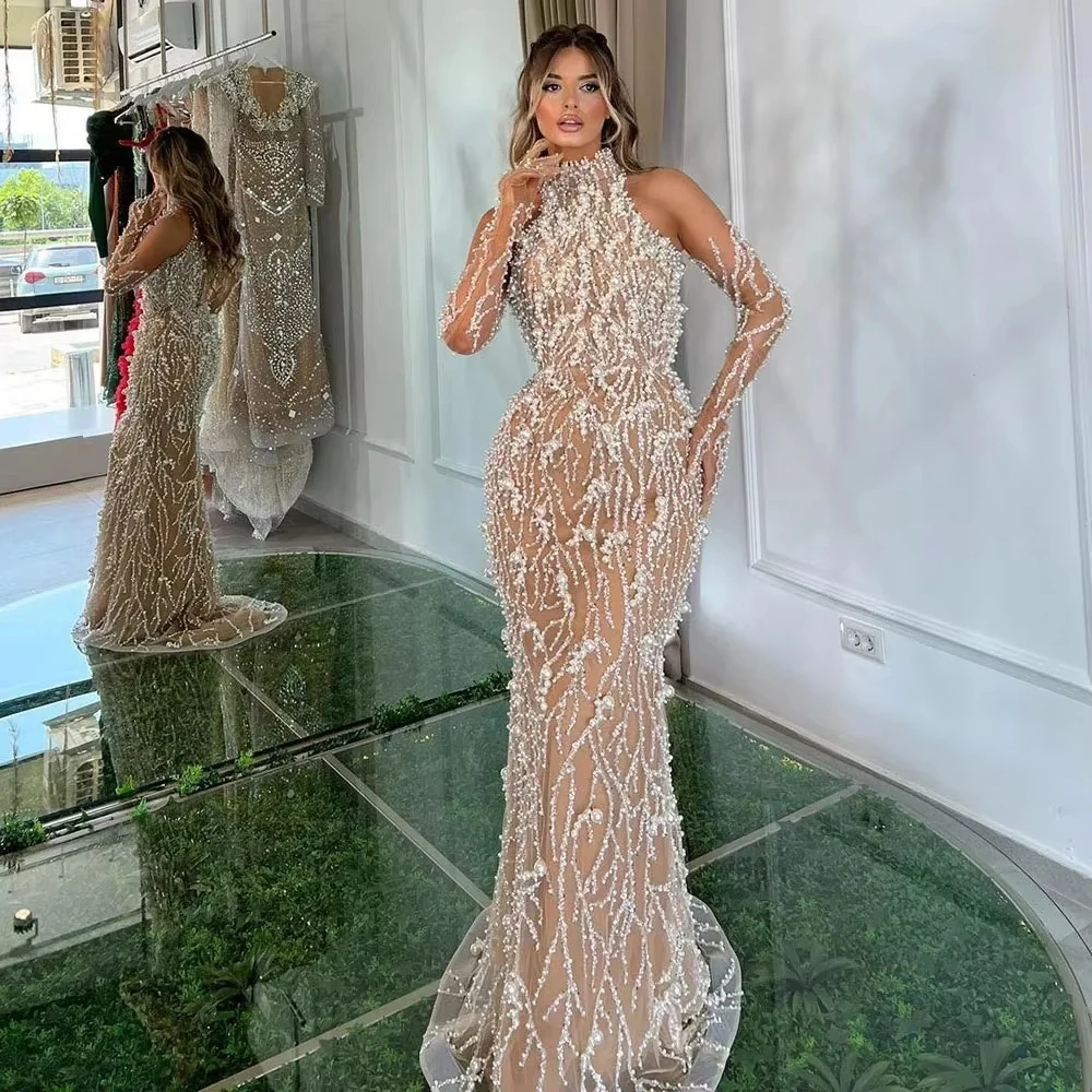 Customized Luxury Dubai Beaded Mermaid Nude Evening Dress With Gloves High Neck For Women Wedding Party Lsz104