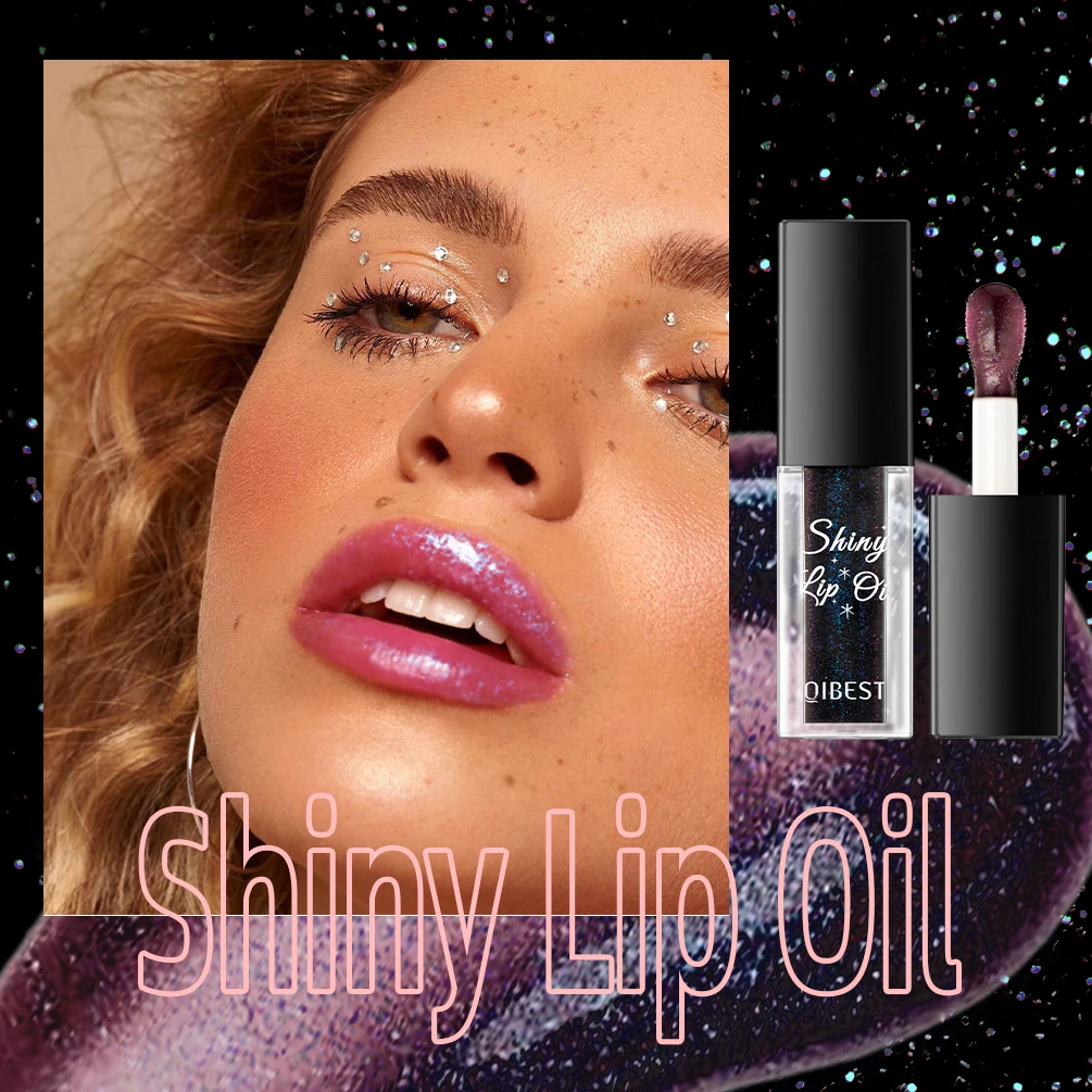 QIBEST Shimmer Lip Oil Black Color Changing Lipgloss Moisturizing Shiny Mirror Lip Gloss Oil Plumping Glitter Lip Makeup Tint