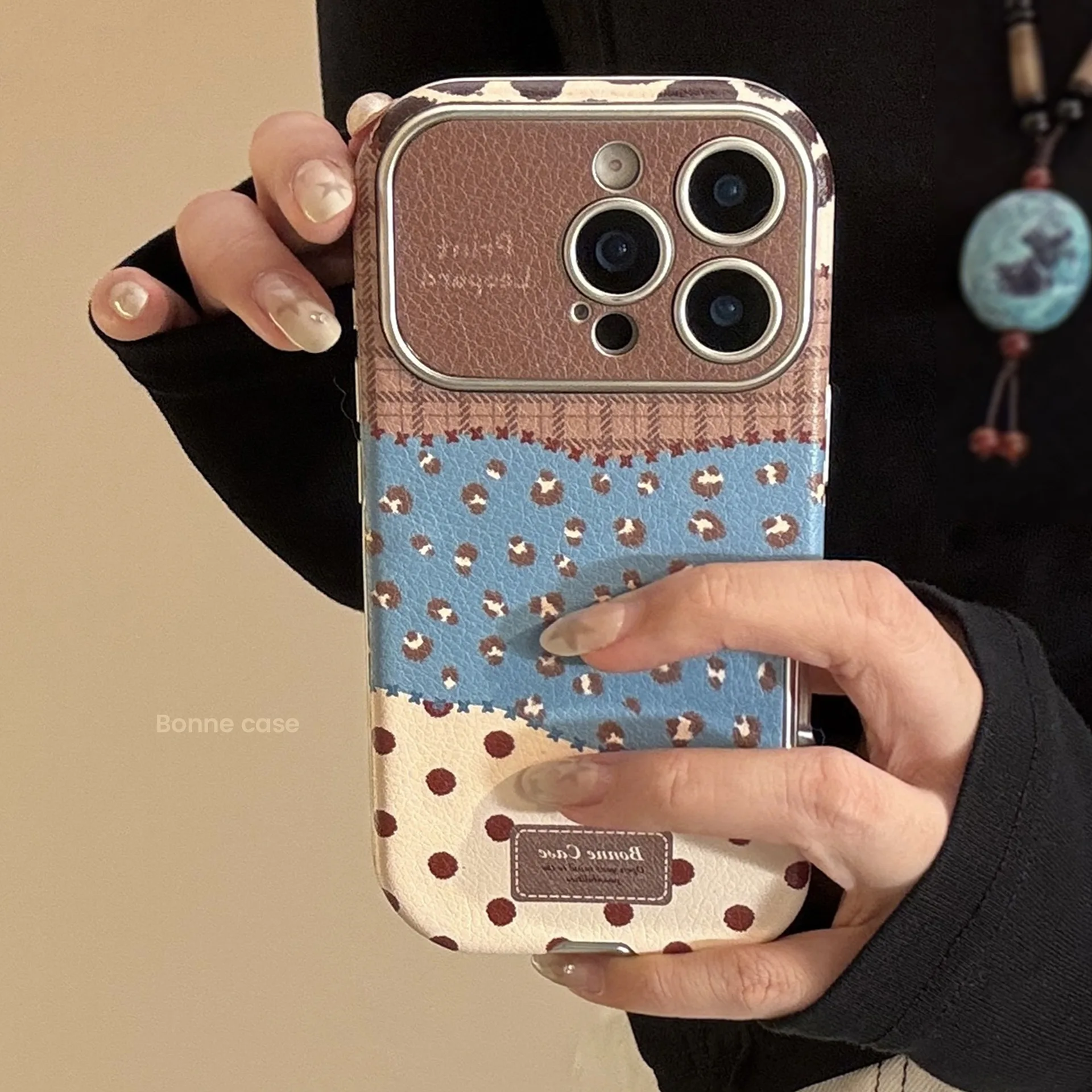 Korean Leopard Print Splicing Faux Leather Phone Case for iPhone 17 16 15 14 13 12 11 Pro Max Plus Shockproof Protective Cover view 2