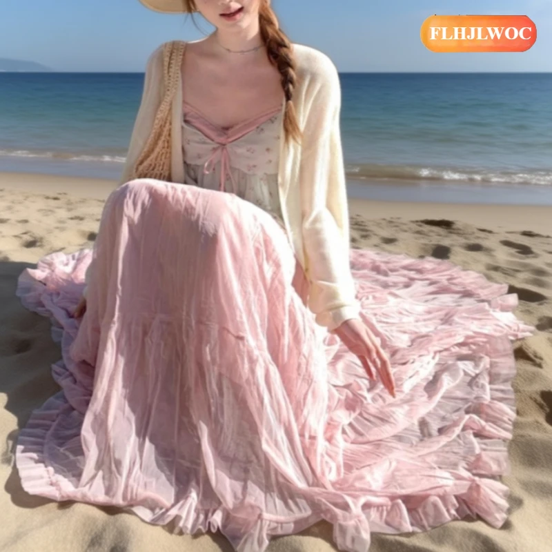 Korean Fashion Romantic Skirts Holiday Date Girls Women’s High Waist A-Line Tulle Layered Cake Mesh Chiffon Long Maxi Skirt
