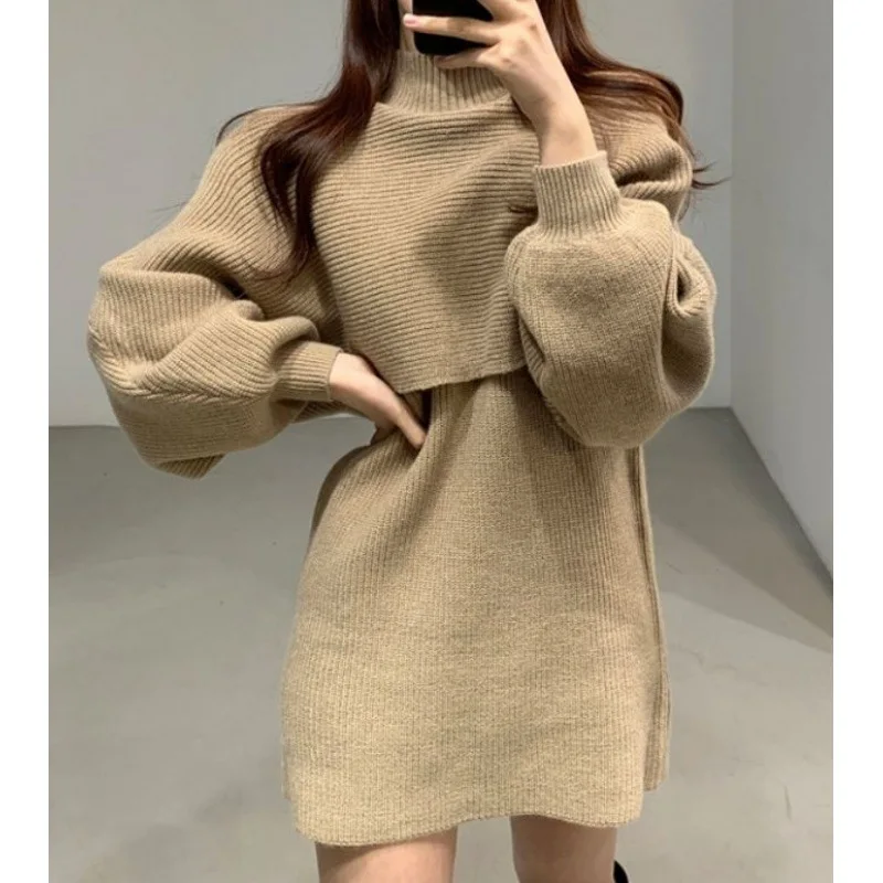 

2025 Spring and Autumn New Medium and Long Knitted Two-piece Turtleneck Suit Vest Dress Femininity Lantern Sleeve Sweater