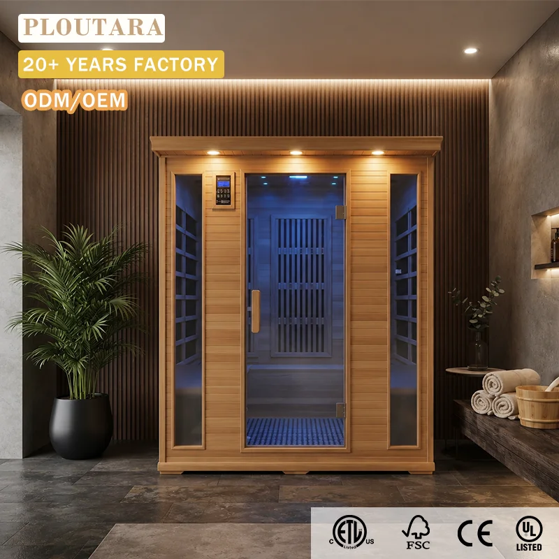 PLOUTARA Indoor Full Spectrum Infrared Sauna Room Canadian Hemlock Glass Cabin LED Lighting Eco-Friendly Gym Villa Home Hotel