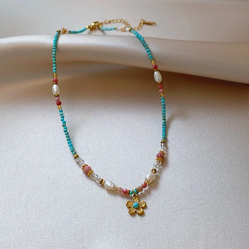 Minar Handmade Natural Stone Kallaite Freshwater Pearl Crystal Beads Flower Pendant Necklaces for Women Real Gold Copper Choker
