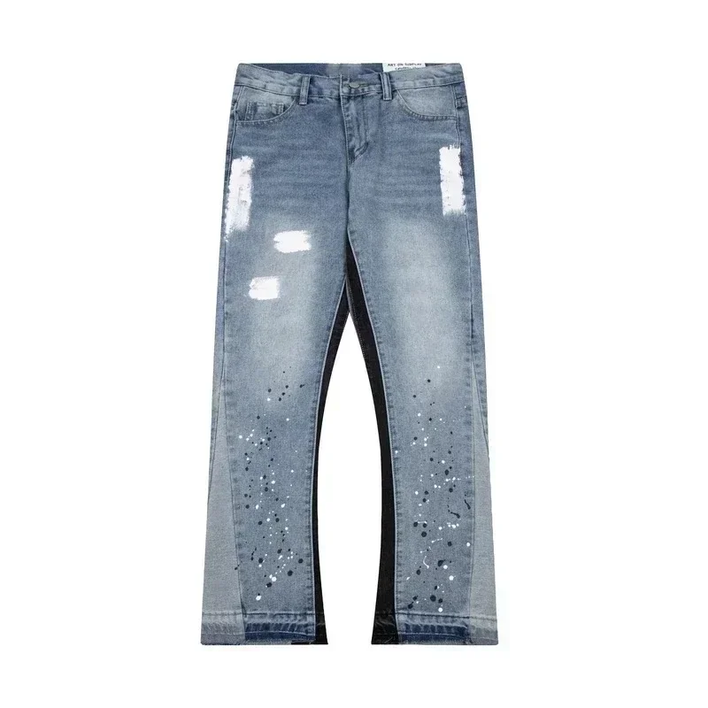 Men Women American Streetwear Tie Dye Splatter Ink Patchwork Baggy Jeans Straight Slim Micro-flared Denim Trousers Stylish