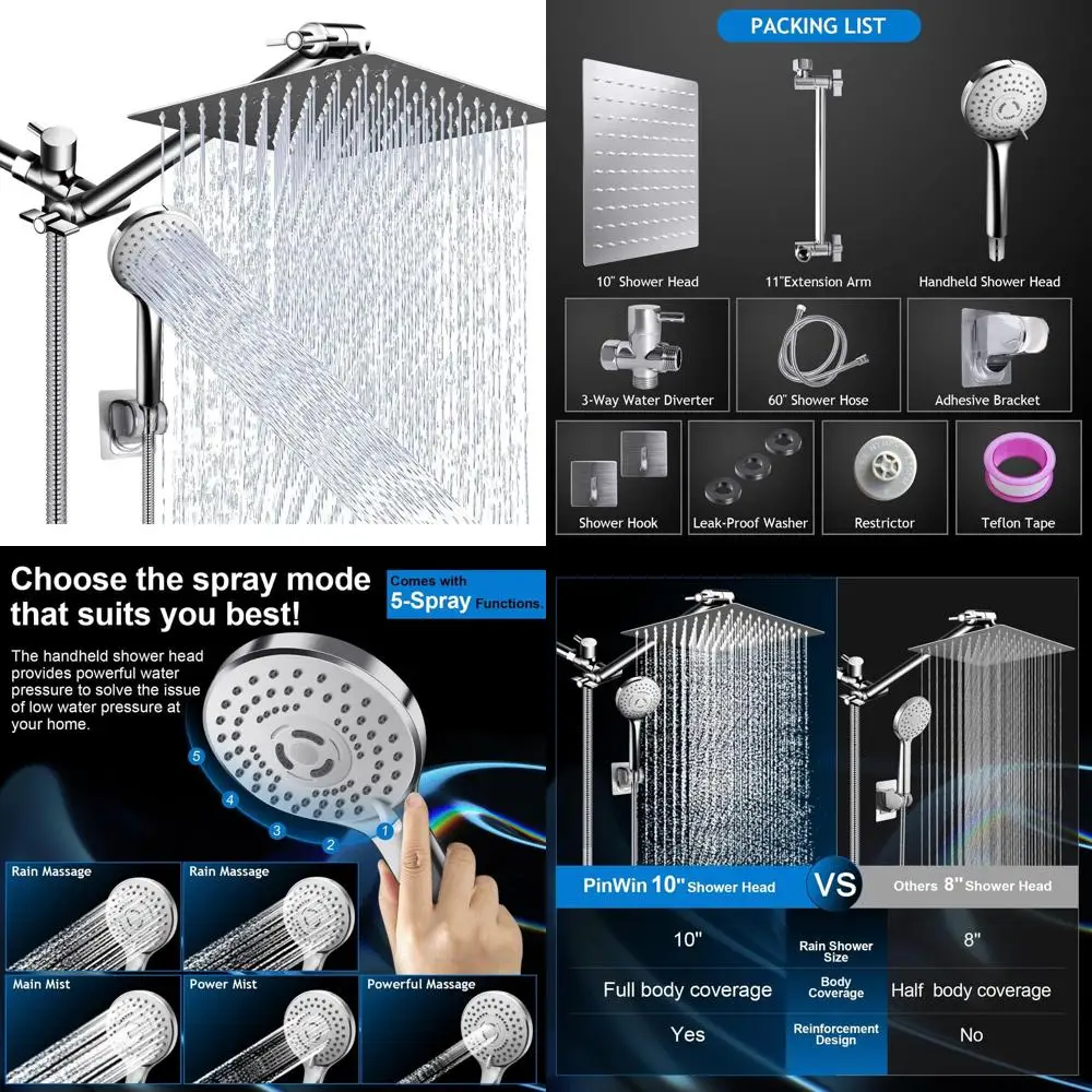 

10 High-Pressure Rain Shower Combo with 11 Extendable Arm, 5-Mode Handheld, and Long Hose for Enhanced Water Pressure