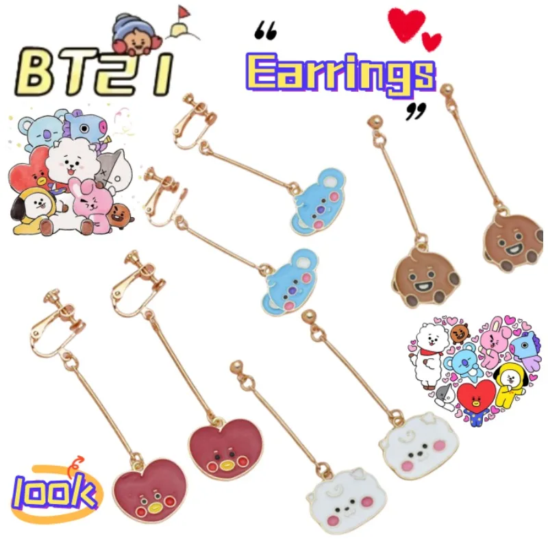 

Новые милые серьги-клипсы BT21 Koya RJ Tata Chimmy Shooky для девочек, двухмерные, с подвесками, аксессуары