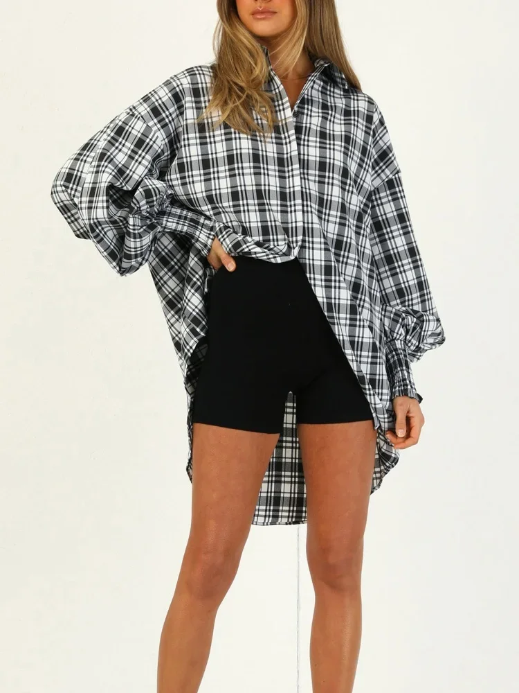 Women Patchwork Black And White Plaid Shirts Women Pocket Gingham Blouse Casual Loose Long Sleeve Print Tops Spring Summer Shirt