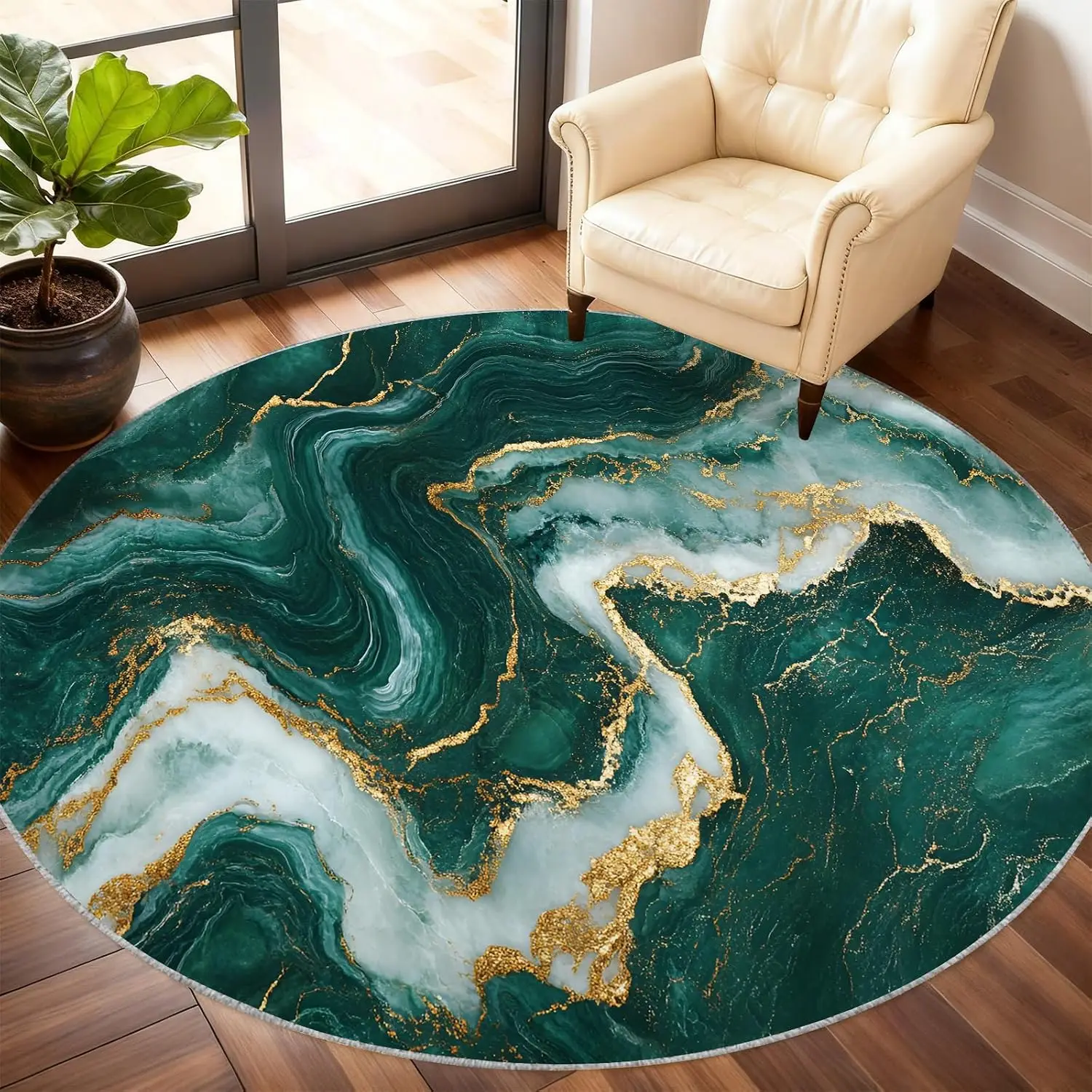 Round Abstract Green Marble Rug Gold Vein Polyester Fluffy Plush Area Mat for Modern Living Room Chic Home Decor Accent