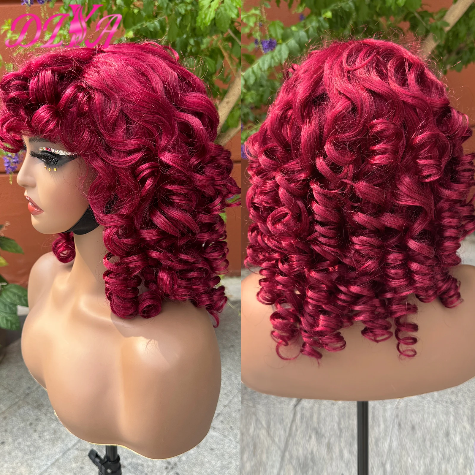 

99J Burgundy 250% Density Bouncy Curly Human Hair Wigs with Bangs Full Machine Made Loose Wave Human Hair Wig for Black Women