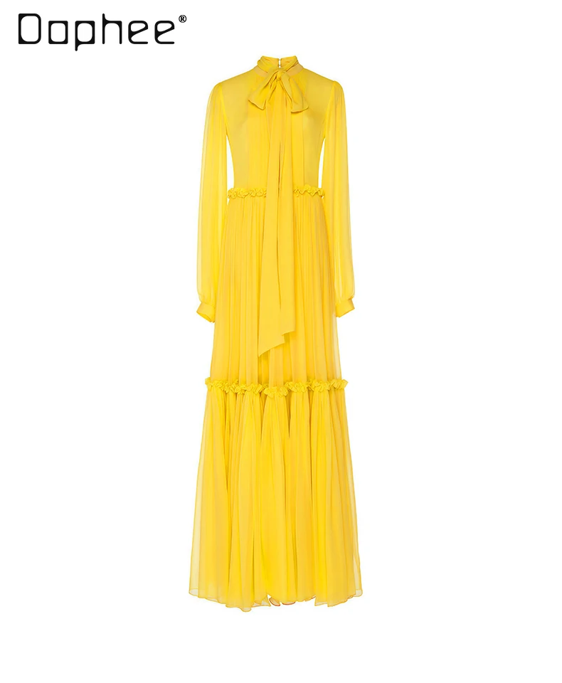 فستان أصفر فاخر فاتح راقي للنساء على طراز خرافي أنيق بأكمام طويلة وقصة ضيقة فستان متوسط الطول فساتين سهرة اجتماعية #5