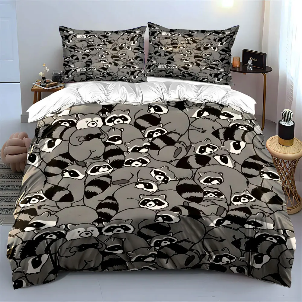 Cartoon Raccoon Cluster Scene Duvet Cover Set with 3D Printing Design Soft Polyester Bedding Set All-Season Comfort for gifts