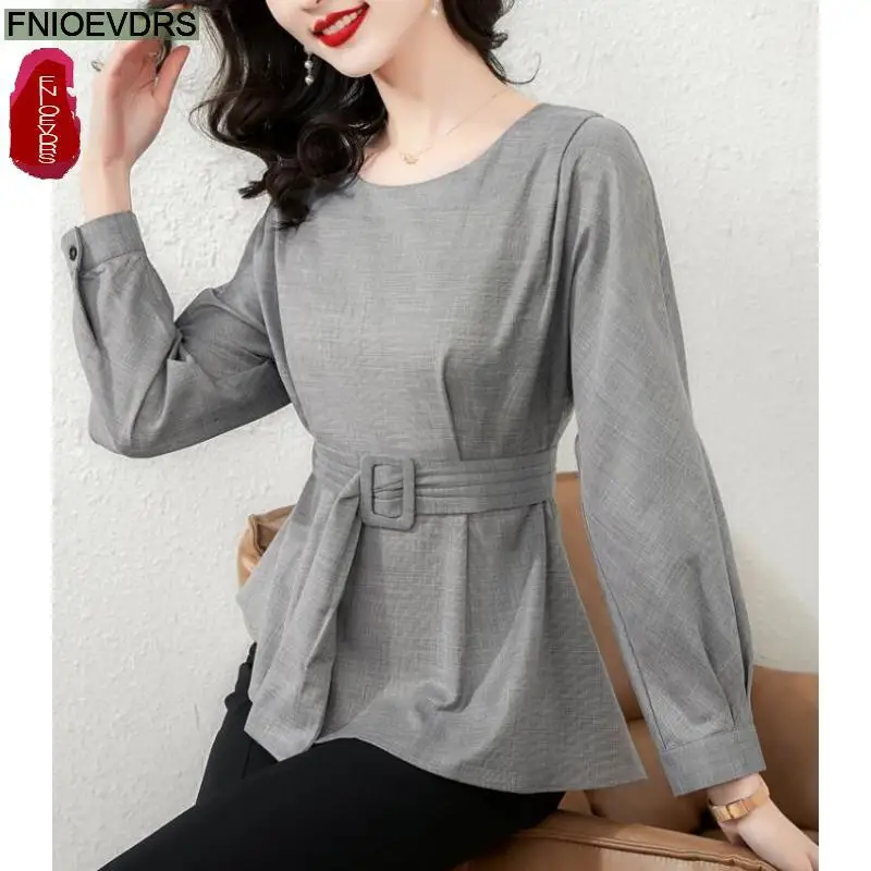 

Office Lady Shirts 2023 Fall Autumn Basic Wear Work Women French Design Solid Long Sleeve Belt Shirt Cute Tops Blouses