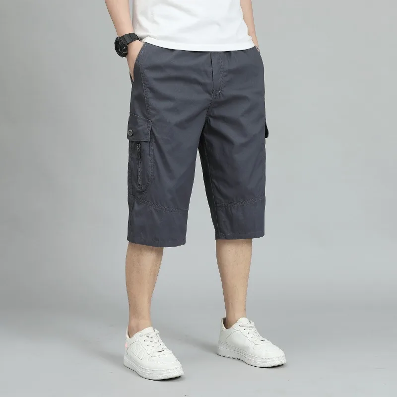 Summer Men's Solid Pockets with Elastic Button Zipper High Waisted Casual Sportswear Loose Trousers Preppy Style Formal Shorts