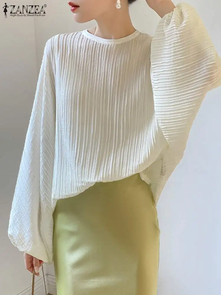 ZANZEA Autumn Solid Long Bat Sleeve Blouses Women Pleats Chic Shirts Elegant Fashion 2023 Top Office Vintage Round Neck Tunic