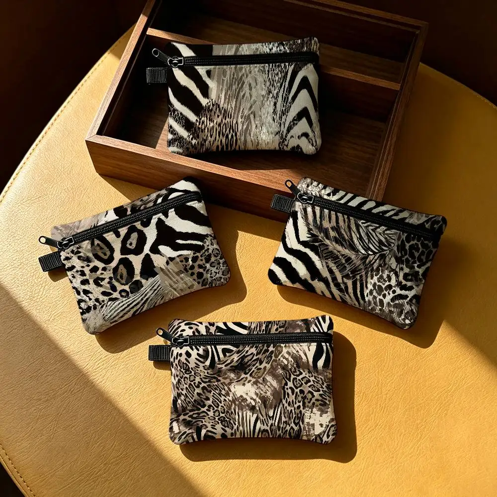Leopard Print Zebra Stripes Pattern Waterproof Zipper Coin Purse Lightweight Hanging Key Pouch Card Holder For Daily Use