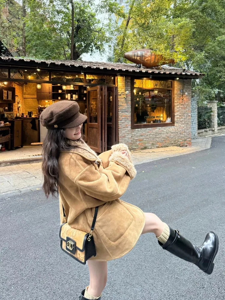 Płaszcze z pluszu zapinane na jeden guzik, imitacja futra jagnięcego, dwustronne noszenie, kurtki ze sztucznego futra, skóra i futro, luźne, ciepłe, khaki, futrzane kurtki, puszyste, luksusowe.