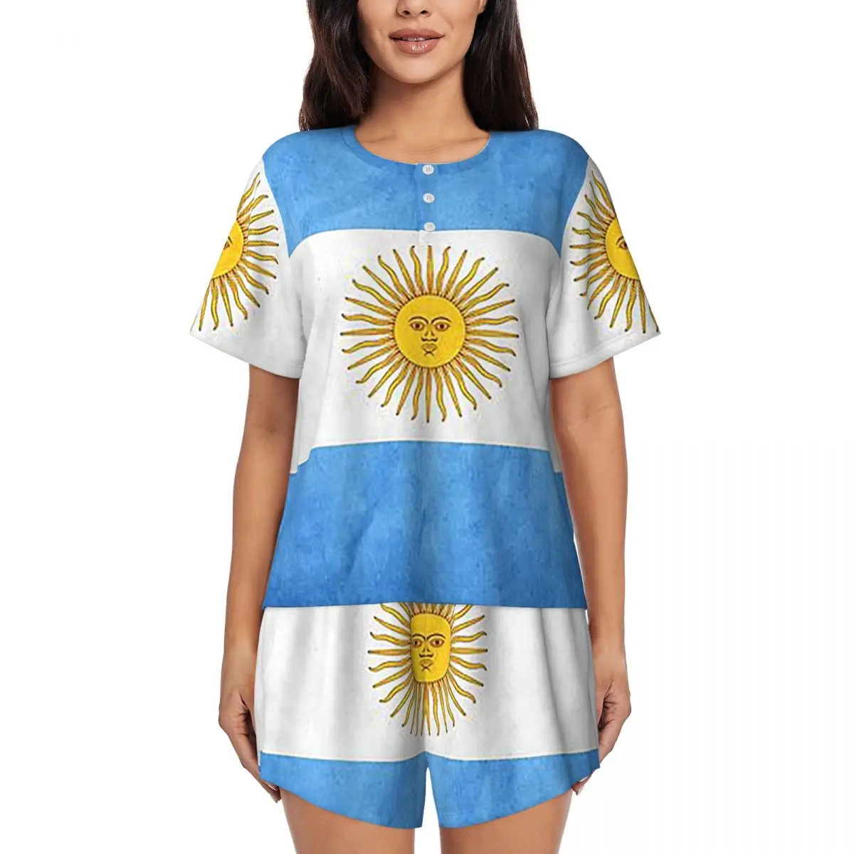 

Argentina Argentinian Flag National Flag Round Neck Short Sleeves Nightdress for Sleeping Women Pajama Set Short Pants