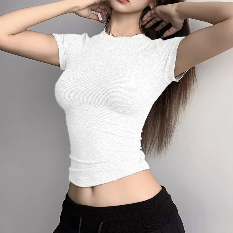 

Базовый однотонный укороченный топ с коротким рукавом и круглым вырезом, узкая футболка, женская летняя повседневная футболка для женщин, винтажный топ Y2k, уличная одежда в стиле Харадзюку