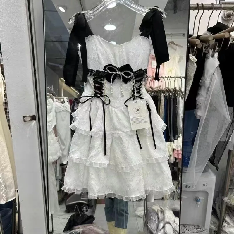 Verão doce lolita vestido de princesa feminino elegante renda retalhos arco em camadas bolo vestido y2k harajuku design de moda cinta vestido