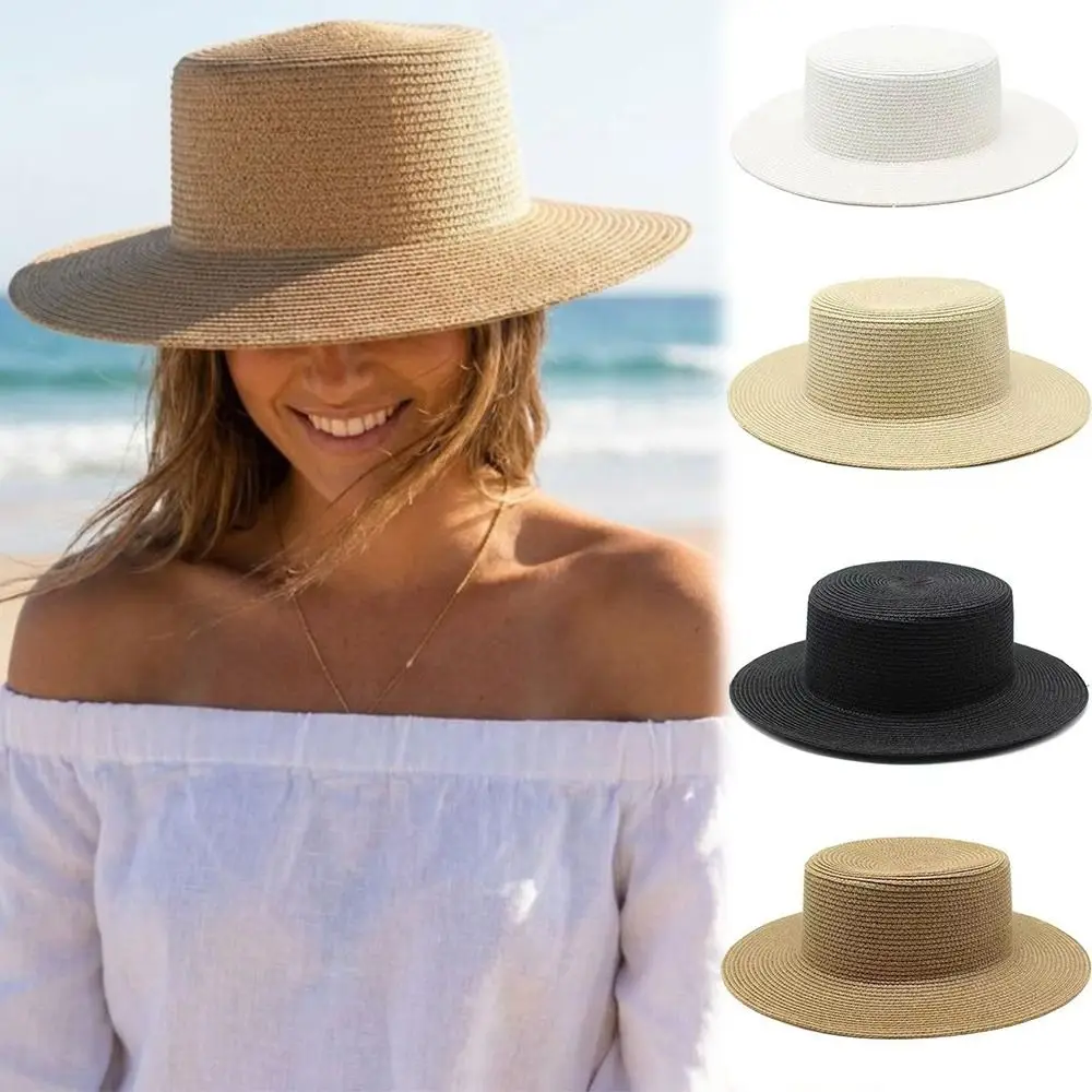 Fashionable Wide Brim Straw Hat Handwoven Straw Breathable Beach Sun Hat Flat Top Sunscreen Hat Women Summer