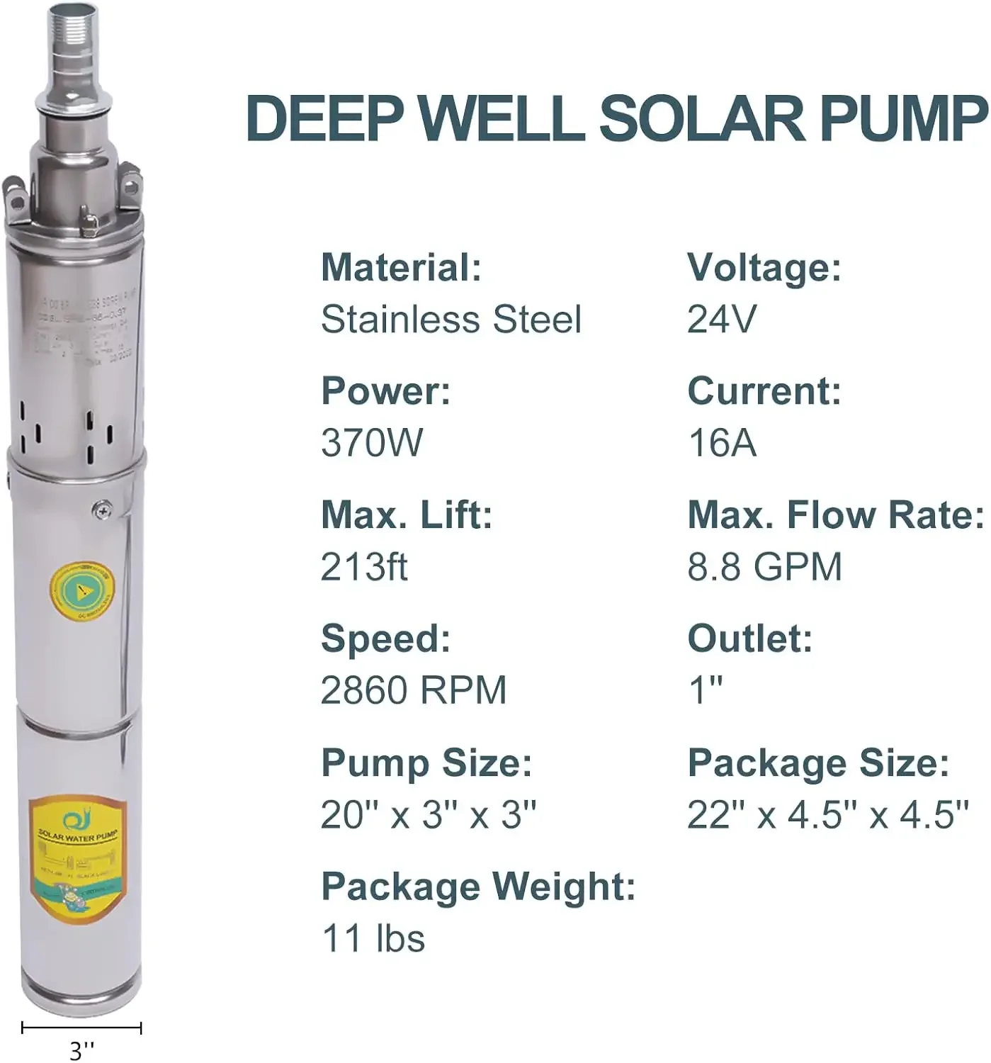 

Погружной насос для глубоких скважин Солнечный водяной насос постоянного тока 24 В 370 Вт Винтовой насос из нержавеющей стали, подъем 213 фута Расход 8,8 галлонов в минуту