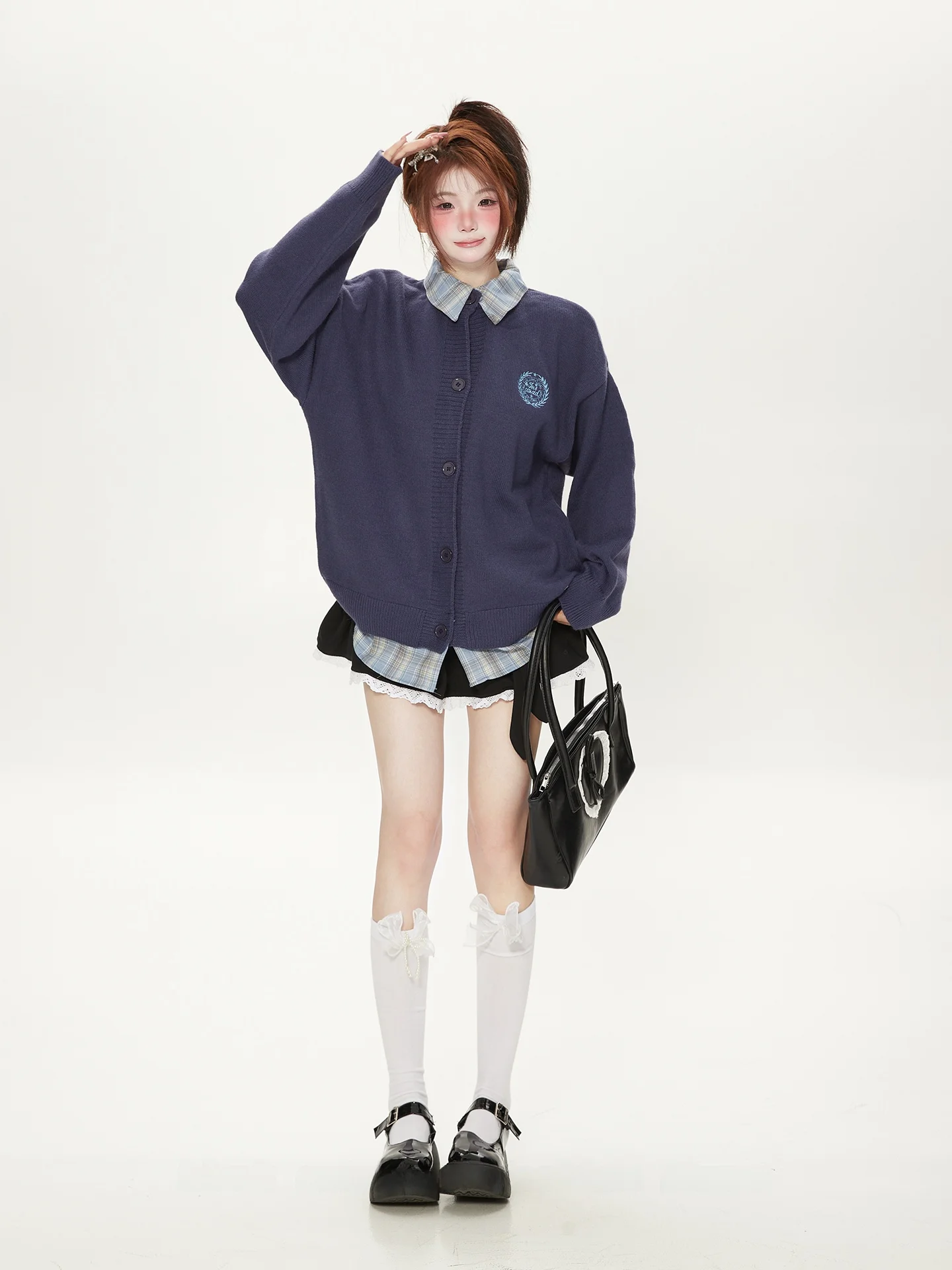 

Повседневный свободный женский клетчатый вязаный открытый кардиган, осенняя верхняя одежда, искусственный дизайн из двух предметов, студенческий Sle adient Color Blo