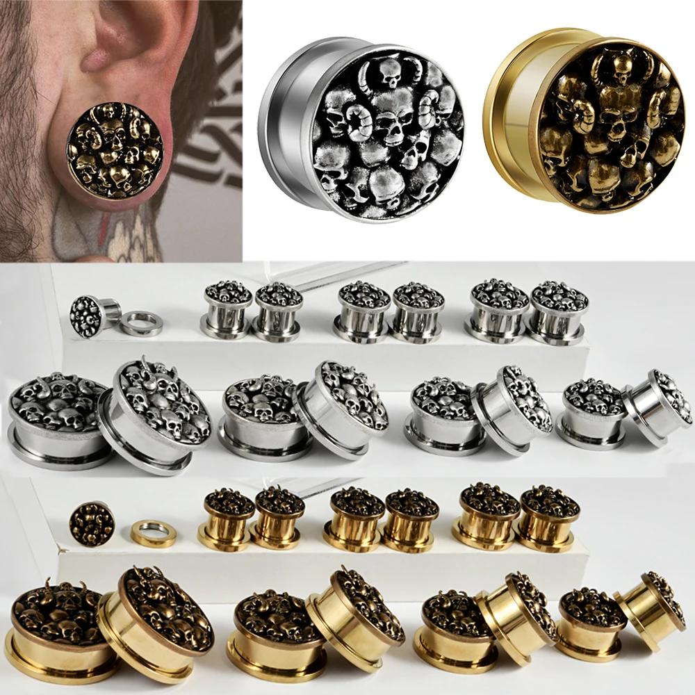 1PC Copper Many Skull Flat Round Ear Tunnel Ear Gauge Expansion Surgical Steel Pulley Strengthed Pierrcing Ear Saddle Plug