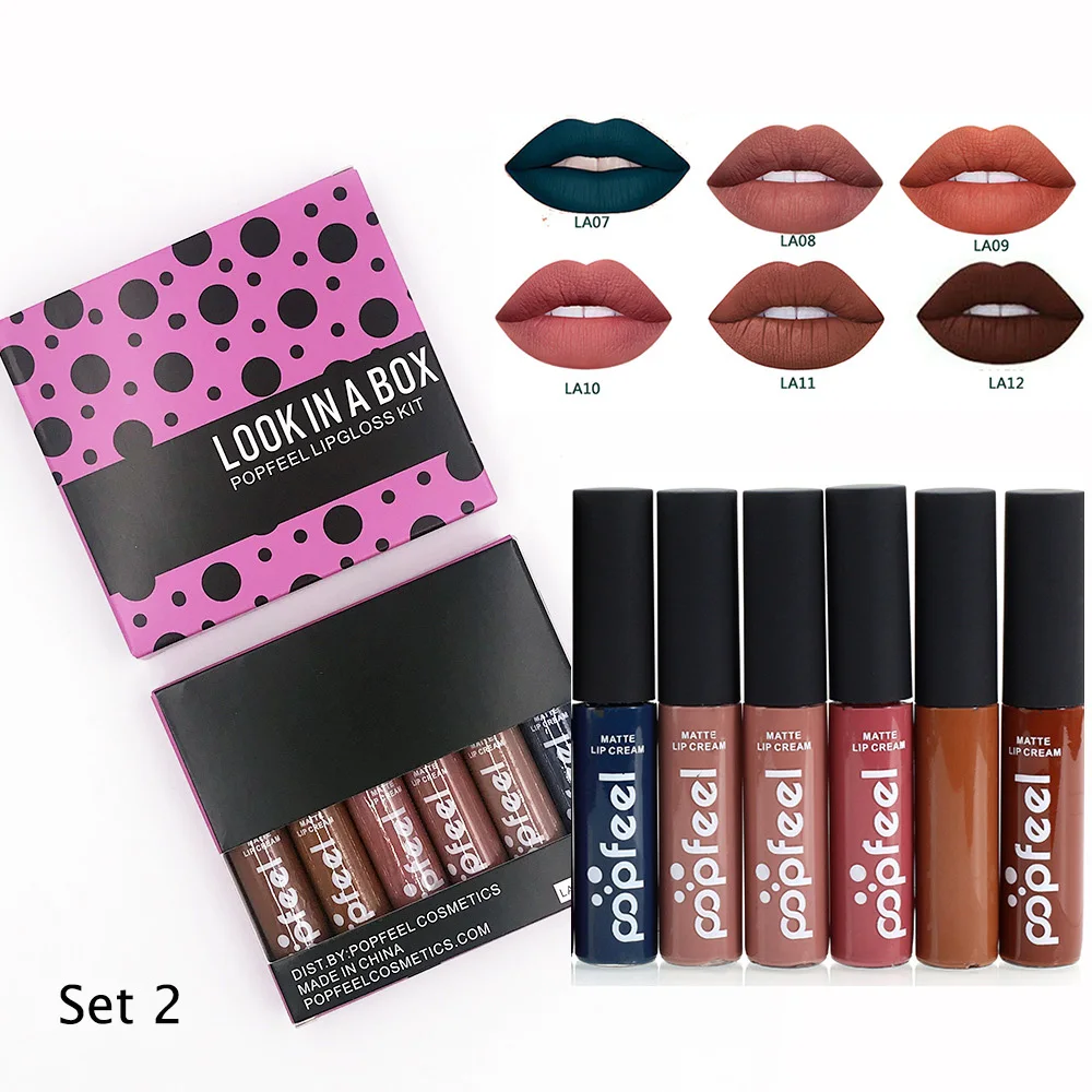 POPFEEL New Mini 6pcs/set Liquid Lipstick set Velvet Matte Lip Gloss Set Waterproof Long Lasting Lips Makeup Cosmetic Kits