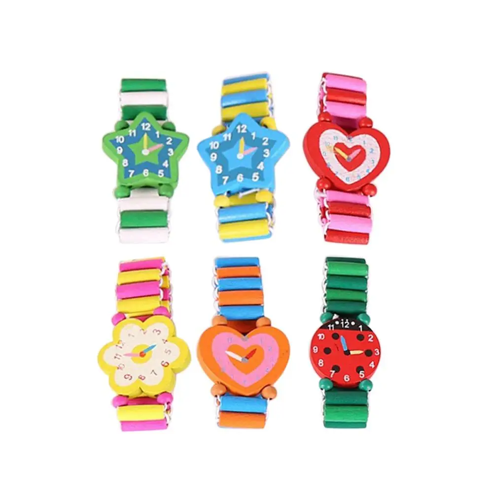 6Pcs Wood Watch Toys Safe Environmental Cartoon Ristwatches Kids Wristwatches Prizes Adults Wooden Puzzle Craft Gifts