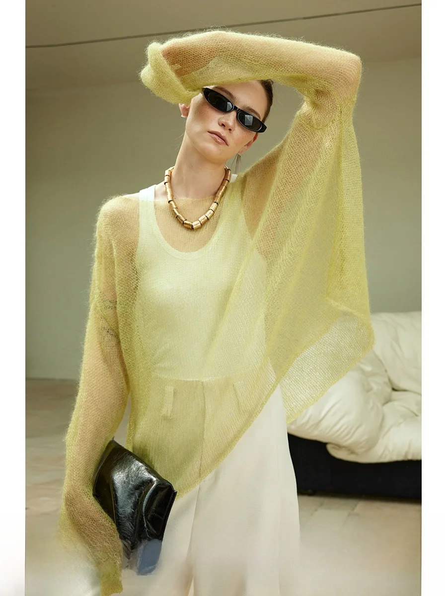

Mogas Heavy Industry Women's round Ne Cover up Knitted Sweater Hollow out Me Top Faionable Autumn Long Sve Wool Blend