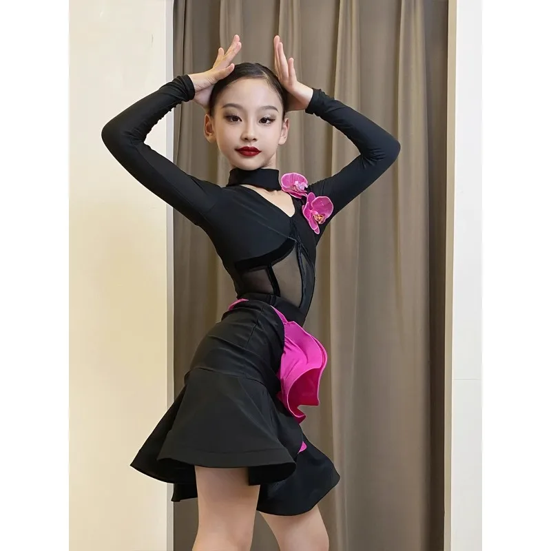 カスタマイズされた 2 個長袖トップラテンダンスドレスブラックピンク子供のハイエンドプロフェッショナルスプリットスカート練習服スーツ