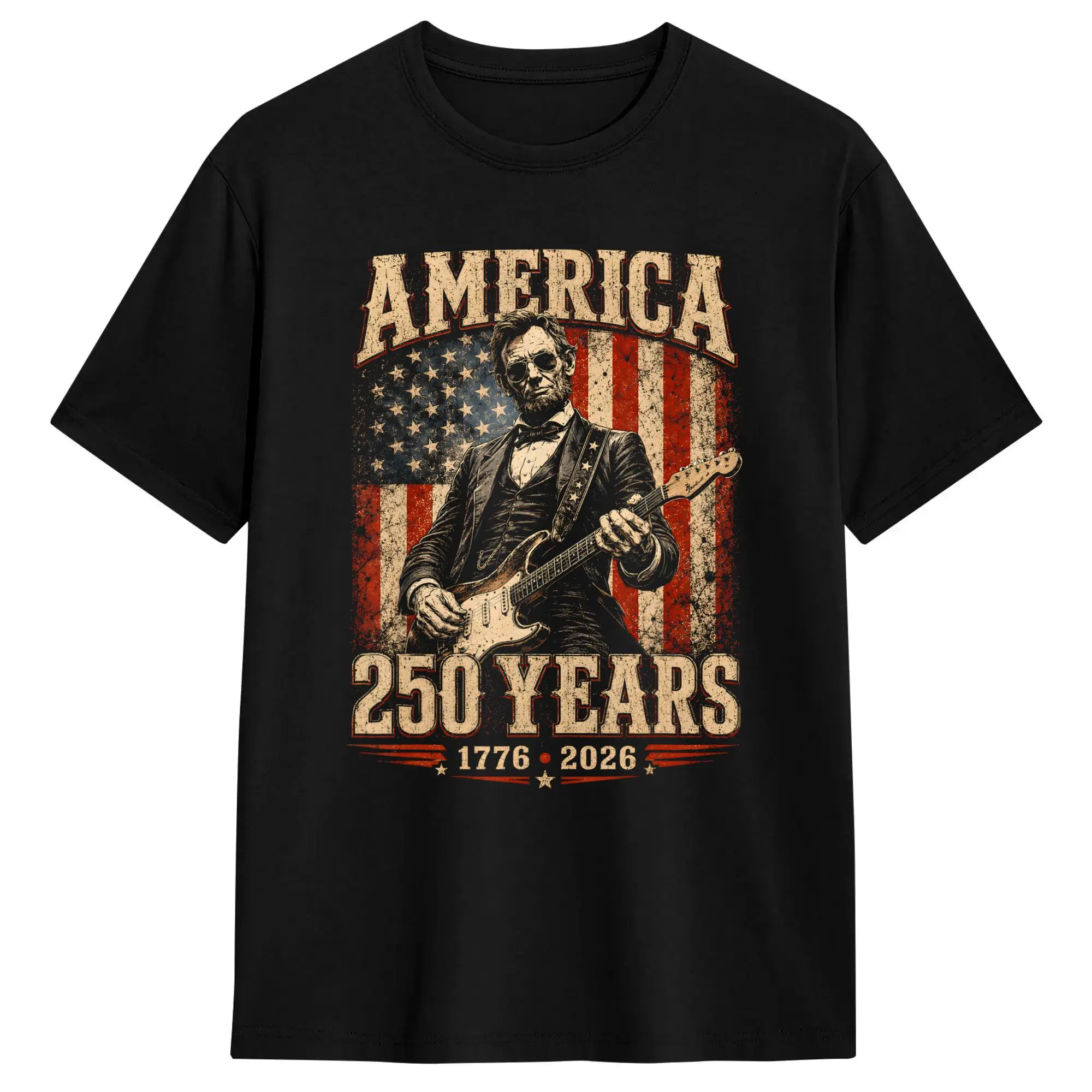 Vintage Abraham Lincoln Abe Lincoln Playing Guitar 250 Years T Shirts Men's Pure Cotton T-Shirt Tees Short Sleeve Clothes Gift