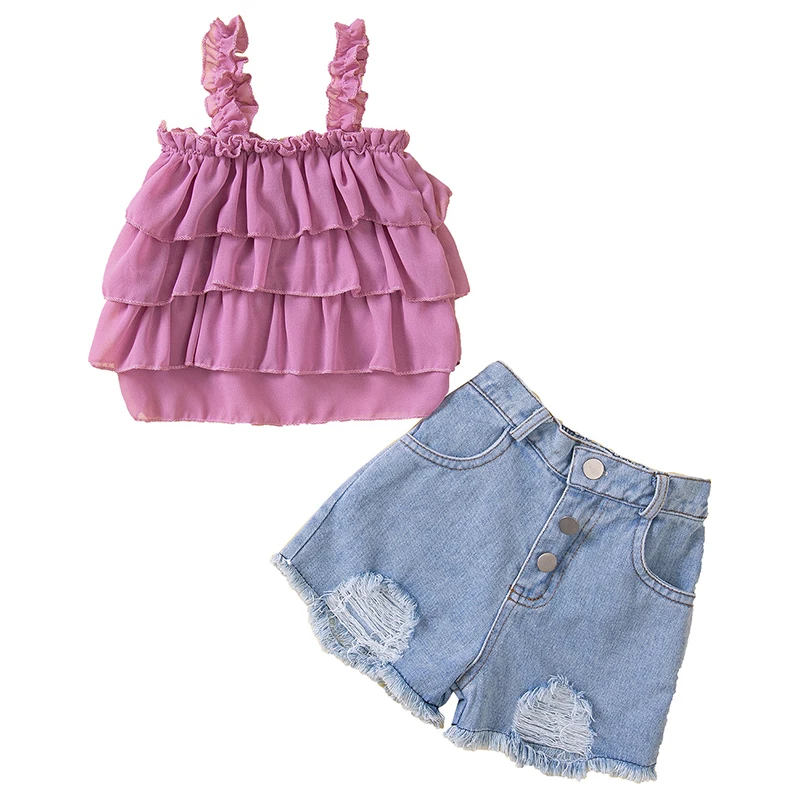 

2Piece Set Summer Toddler Girls Clothes Korean Fashion Mesh Sleeveless Baby Tops+Denim Shorts Children Boutique Clothing BC694