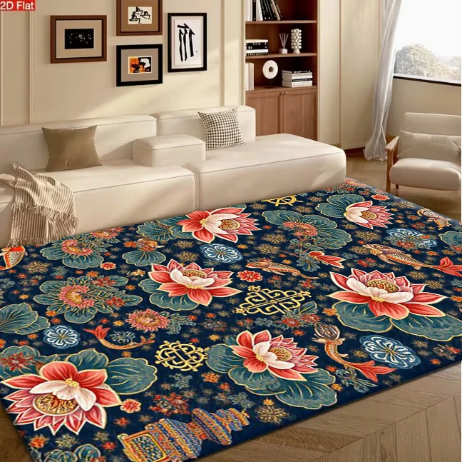 Traditional Lotus Koi Fish Pattern Carpet Flooring Oriental Style Art Area Rug Household Interior Decor Floor Mat
